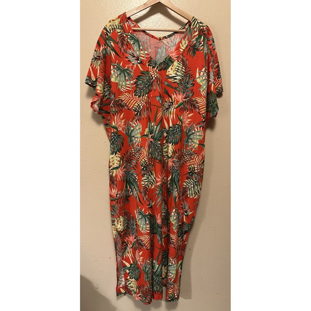 Koolaburra by UGG Cotton‎ Rayon V-Neck Caftan Coral Red Tropical Lounge Dress L